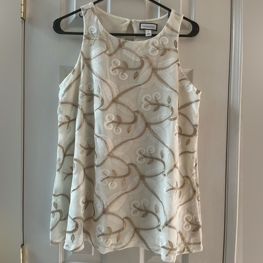 Charter Club Cream and Gold Embroidered Blouse